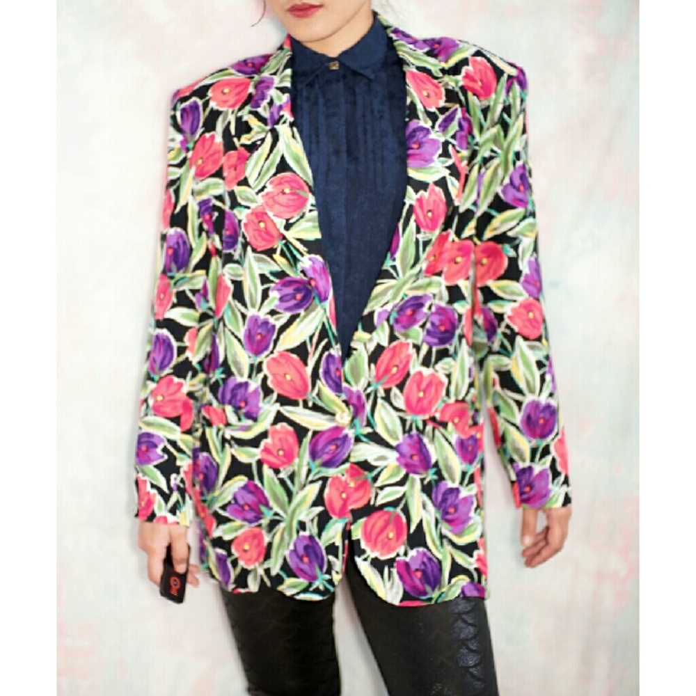 VTG Norton McNaughton Blazer Women Open Front tulip Floral Jacket Shoulder Pad - Picture 2 of 8